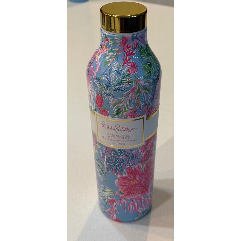 Lilly Pulitzer Cay To My Heart 20oz Stainless Steel Water Bottle Blue Pink New